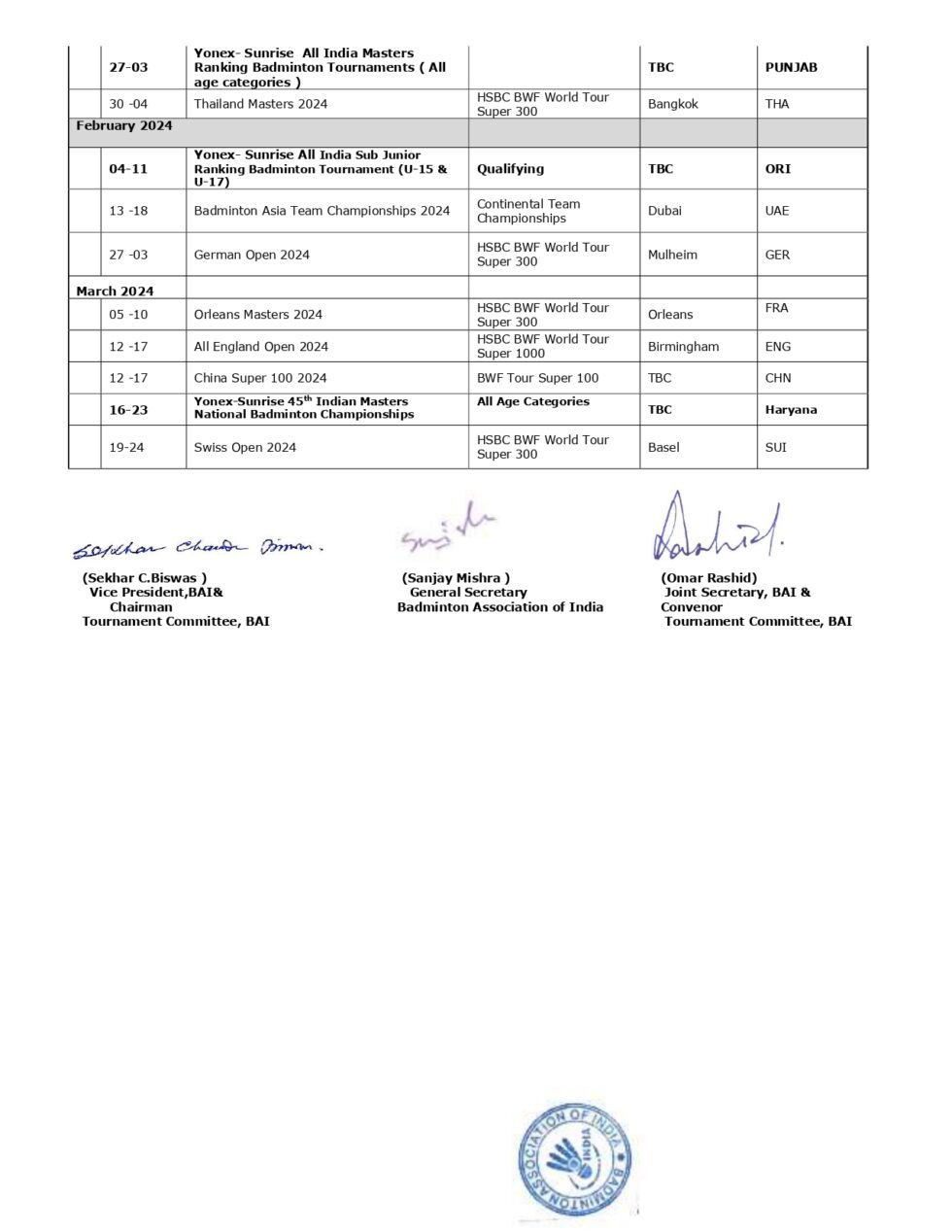 BAI Calender 202324 Haryana Badminton Association